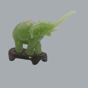Vintage Jadeite Elephant Figurine with Wooden Stand & Box – Made in PRC